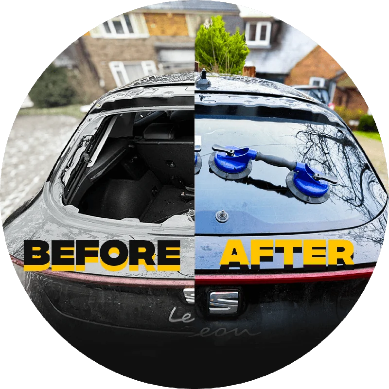 Before and after a rear window replacement, showing the missing glass and the fitted replacement
